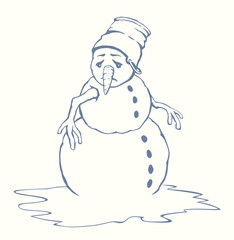 Snowman in snow. Vector drawing.