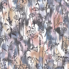 Meadow herbs, plants, flowers. Line outline graphic drawing. Elegant floral silhouettes with blurred defocused colorful texture.