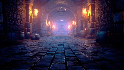Scary endless medieval catacombs with torches. Mystical nightmare concept. 3D Rendering. © designprojects