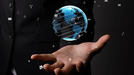 Human hand holding earth globe holographic technology . Futuristic visualization for virtual reality and augmented reality .