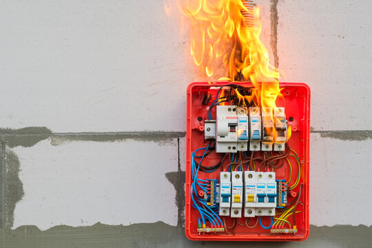 Burning switchboard from overload or short circuit on wall close-up. Circuit breakers on fire from overheating due to poor connection or poor quality wires. Dangerous home electrical wiring concept
