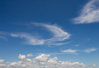 Beautiful white cotton-like clouds. White cloud cumulus. Water in the form of steam in the sky
