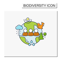 Humans and ecosystem color icon.People impact ecosystem. Protection flora,fauna. Saving animals,plants. Prevention of global warming. Earth protect concept. Isolated vector illustration