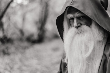 A wizard with a long gray beard and a cloak in a deep forest. An elderly man in a witcher costume....