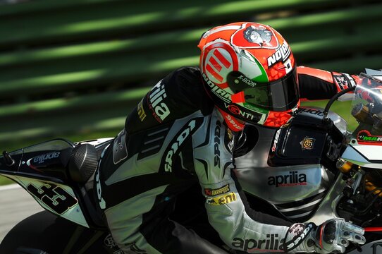 San Marino, Italy - May 10, 2014: Aprilia RSV4 Factory of Aprilia Racing Team, driven by Marco Melandri in action during the Superbike Practice on May 10, 2014 in Imola Circuit, Italy.