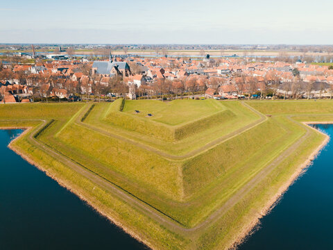 Aerial drone view of the fortress remains in the Heusden, the Netherlands
