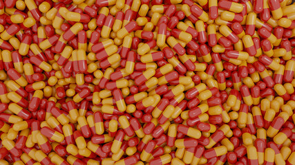 Top View 3D Illustration of Many Medical Capsules Used for Medication of Illnesses