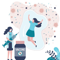 Woman doctor stands with syringe for vaccine. Female character in protective bubble
