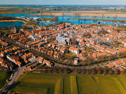 Aerial drone view of the suburban in the historical fortress village of Heusden, the Netherlands