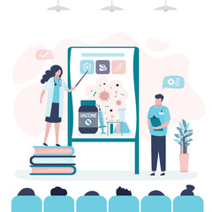 Woman scientist presents new vaccine against coronavirus. Girl tells composition and principles of new drug to viewer