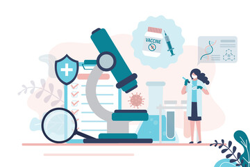 Woman scientist trying to find vaccine for coronavirus. Female character conducts experiments and studies virus