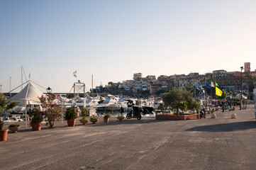 View of the village of Marina di Camerota seen from the port. Landscape.