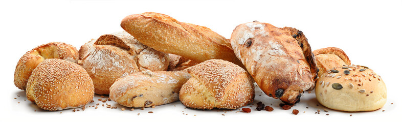 Assortment of various sizes of traditional bread, loaves, baguettes and buns isolated on white background.
