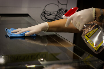 close up of a hand Disinfection surfaces