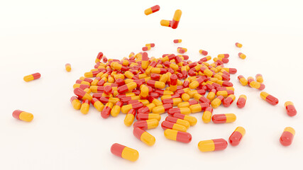 3D Illustration of Many Medical Capsules Used for Medication of Illnesses Falling