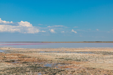 Salt lake with pink salt and the blue sky with clouds. Sasyk-Sivash pink salt lake in Crimea. Summer landscape