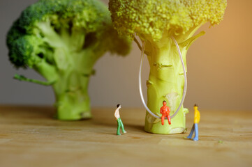 Miniature figurine character: One people sitting on swing that hanging on broccoli and two people standing on wooden floor near by for chatting 