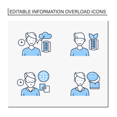 Information overload line icons set. Consists of instant messaging, data duplication, information ecology, info age.Isolated vector illustrations. Editable stroke