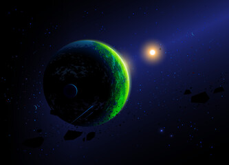 Fototapeta na wymiar Green planet and its sun against the stars