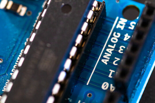 Micro controller close-up, ANALOG IN Input pin detail. Open source microcontroller for DIY projects. Stem activities with electronics background