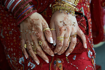 Pakistani/Indian Wedding Ceremony. The bride's hands are painted with henna. 