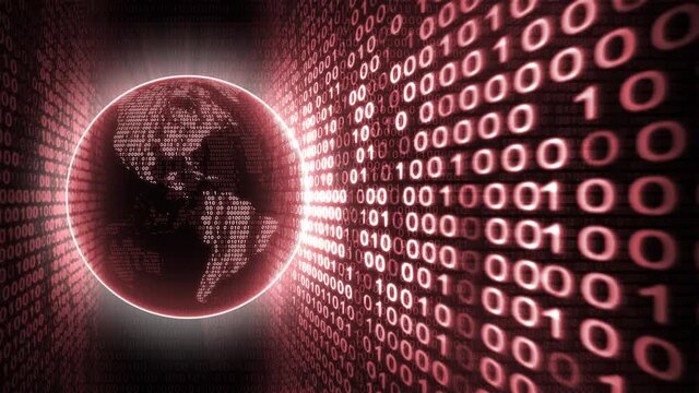 Red Earth Planet with Binary Code Background. Loop Animation