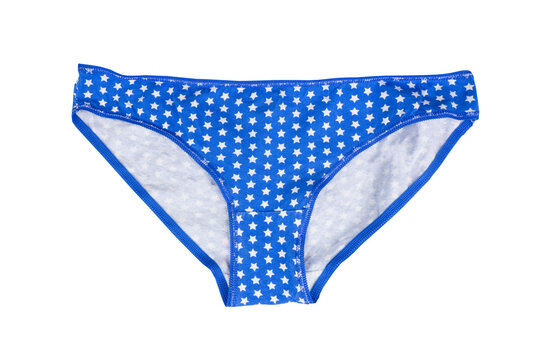 Blue women's panties with a pattern of stars, isolated on a white background.