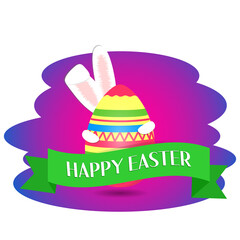 Easter illustration of a large painted egg with bunny ears and paws on an isolated white background. Easter bunny is holding an egg. Simple design. Bright gradient.