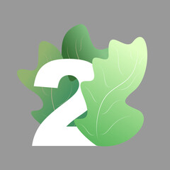 Vector number two with trending green leaves. The illustration is isolated on a gray background. Simple design.