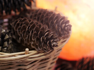 Two pine cones, orange lamp background