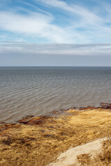 Seascape - water, sandy shore and dry grass.