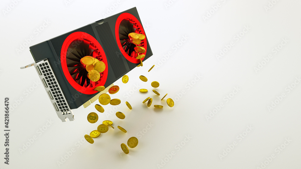 Aufkleber gold coins with bitcoin symbol are pouring out of a 3d model of a video card on a white background. 
