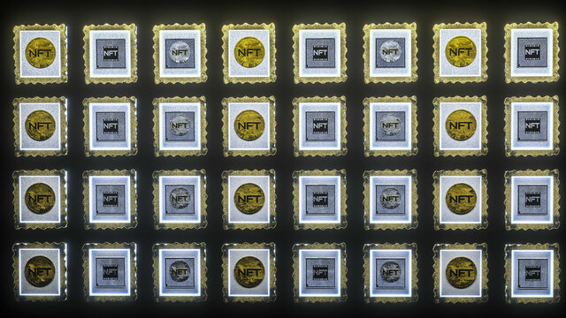 picture gallery with paintings with NFT inscriptions hanging on the wall. cryptoart concept. 3d render illustration