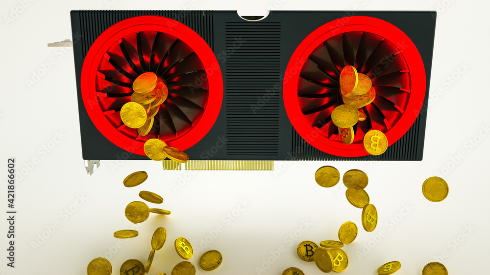 Aufkleber gold coins with bitcoin symbol are pouring out of a 3d model of a video card on a white background. 