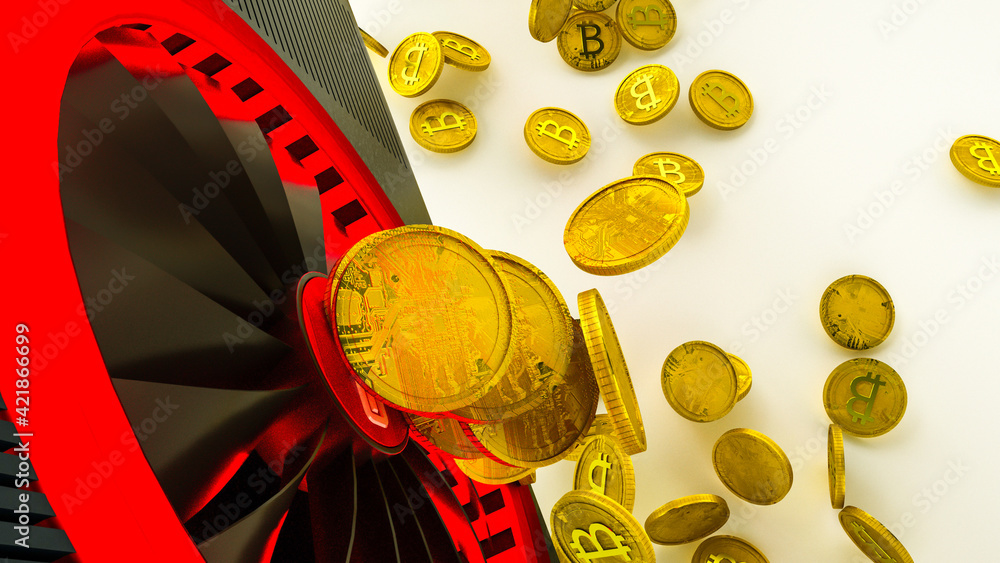 Aufkleber gold coins with bitcoin symbol are pouring out of a 3d model of a video card on a white background. 