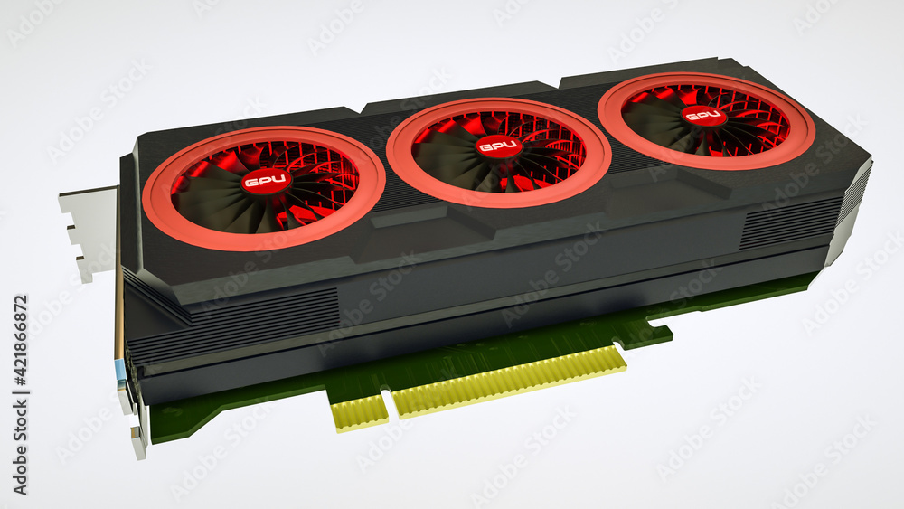 Poster three-dimensional model of a video card on a white background. gpu adapter. 3d render illustration
