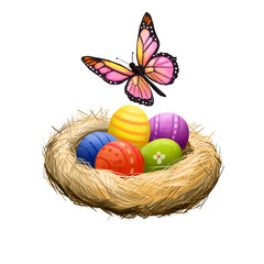 Happy Easter digital banner. Spring butterfly and decorated easter eggs in nest isolated on white. For posters, banners, greeting cards. Clip art illustration. Postcard element in cartoon style