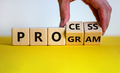 Process and program symbol. Businessman turns wooden cubes and changes the word 'program' to 'process'. Beautiful white background. Business, process and program concept. Copy space.