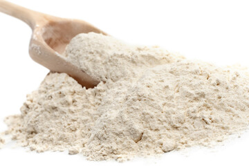Wheat flour. Flour close-up. An ingredient for baking bread and rolls. Scoop with flour