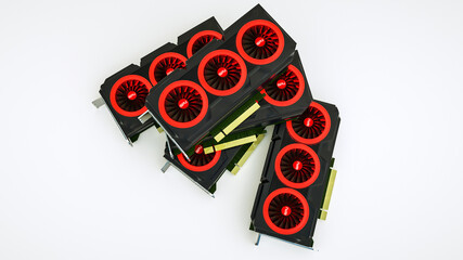 several three-dimensional video cards lie on a white background. GPU adapter. 3d render illustration