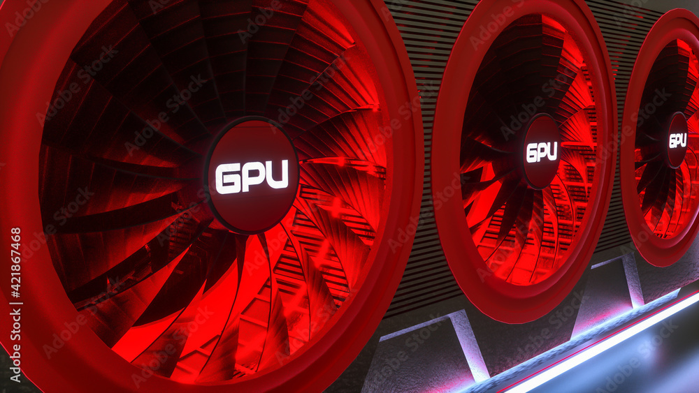 Poster 3d model of a cooler with neon illumination close-up. gpu adapter. 3d render illustration