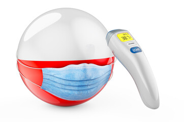 Polish flag with medical mask and infrared electronic thermometer. Pandemic in Poland concept, 3D rendering