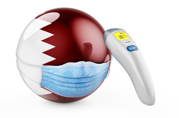 Qatari flag with medical mask and infrared electronic thermometer. Pandemic in Qatar concept, 3D rendering