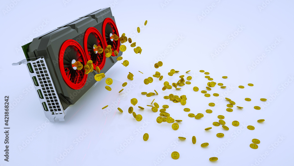 Aufkleber gold coins with bitcoin symbol are pouring out of a 3d model of a video card on a white background. 