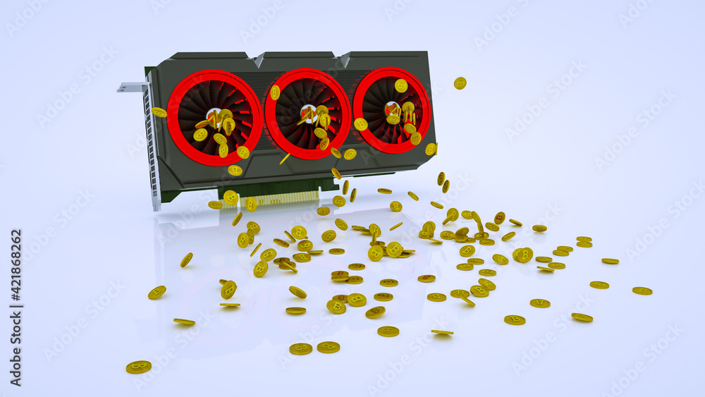 Aufkleber gold coins with bitcoin symbol are pouring out of a 3d model of a video card on a white background. 
