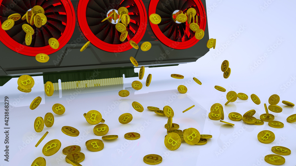 Aufkleber gold coins with bitcoin symbol are pouring out of a 3d model of a video card on a white background. 