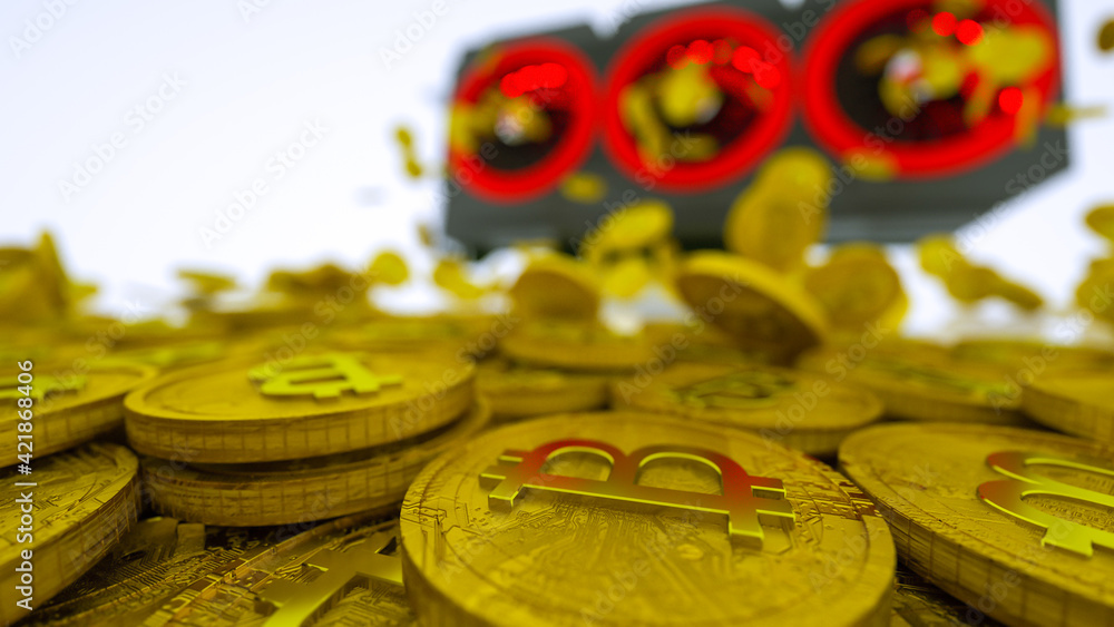 Aufkleber gold coins with bitcoin symbol are pouring out of a 3d model of a video card on a white background. 