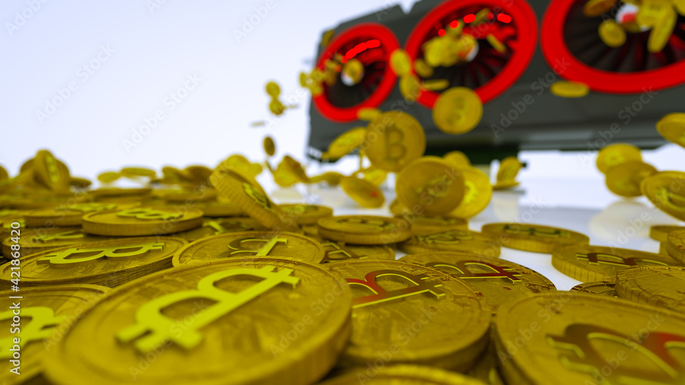 Aufkleber gold coins with bitcoin symbol are pouring out of a 3d model of a video card on a white background. 