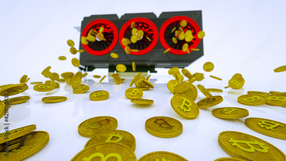Aufkleber gold coins with bitcoin symbol are pouring out of a 3d model of a video card on a white background. 