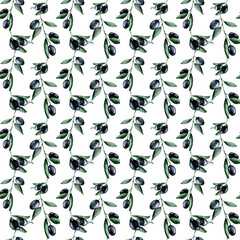 Fototapeta na wymiar Watercolor pattern with olives on a white background. Seamless pattern for textiles and wrapping paper